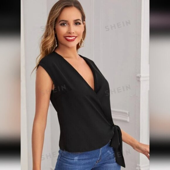SHEIN Sleeveless Black Side Tie Wrap Blouse Shirt Size X-LARGE - Picture 5 of 5